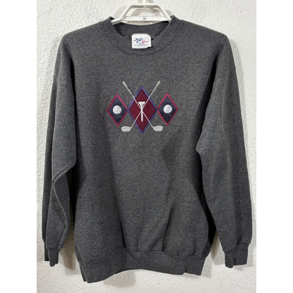 Mc Sport Sweatshirt Mens Medium Gray Vintage Argyle Golf Embroidered